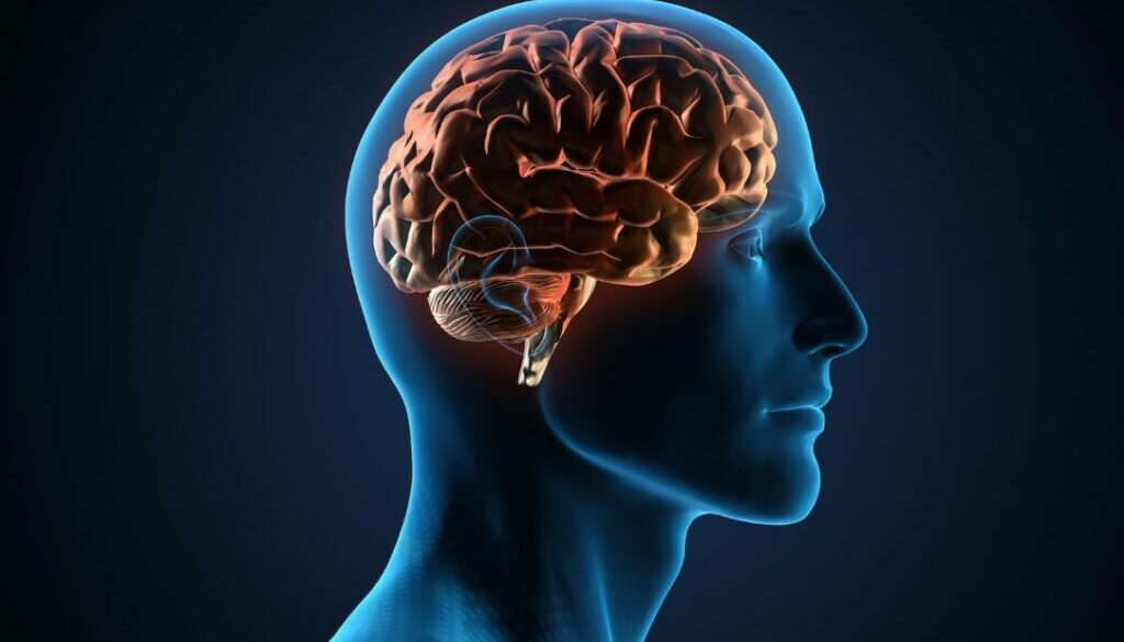 Silhouette of man with brain showing brain damage after covid